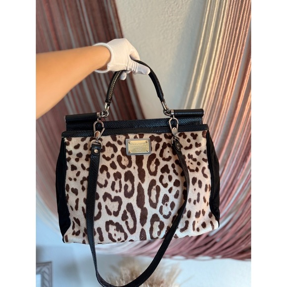 authentic DOLCE GABBANA Calf Hair Leopard Print Snakeskin Medium Sicily Tote - Picture 1 of 17